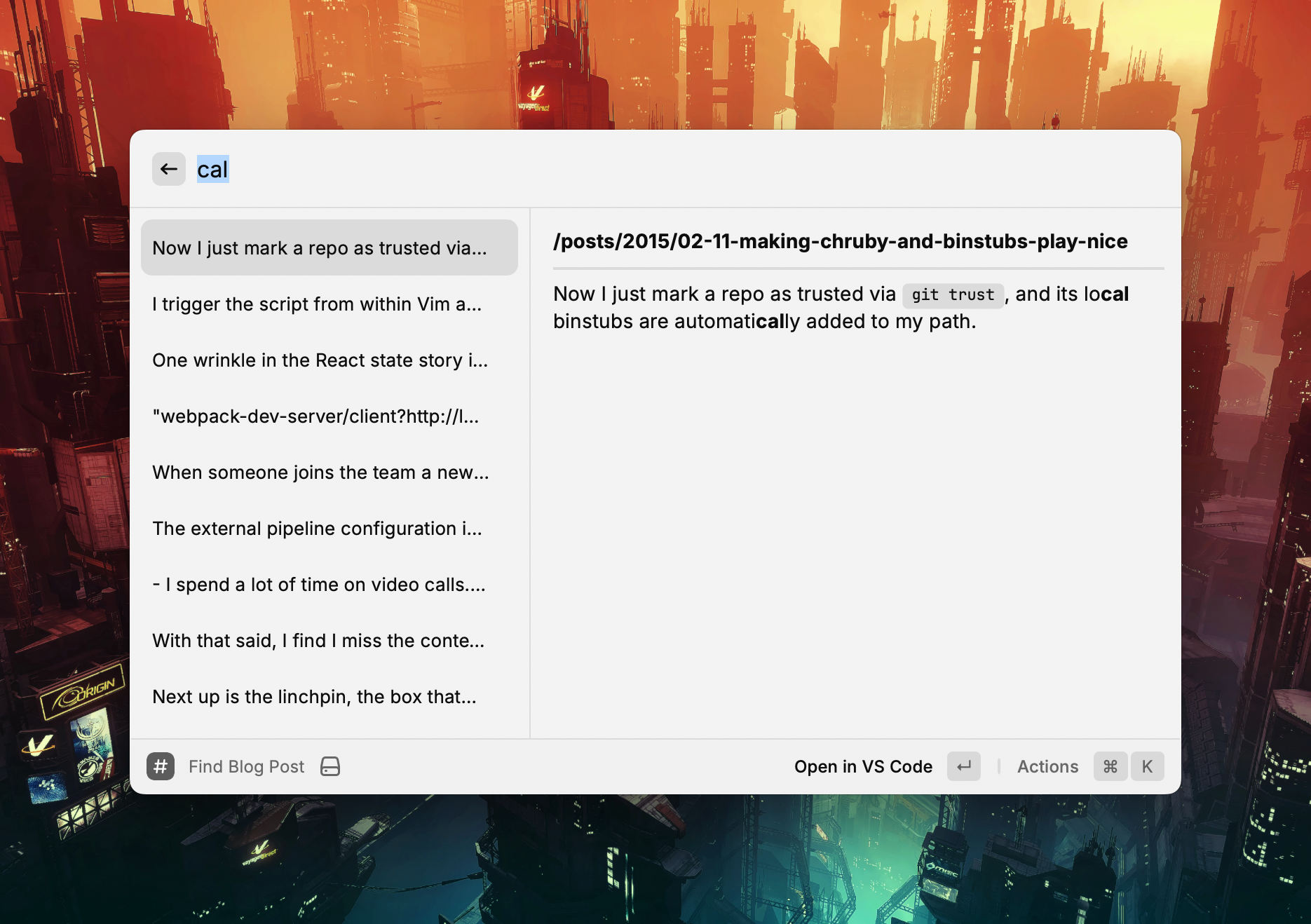 A screen shot of Raycast running my new extension