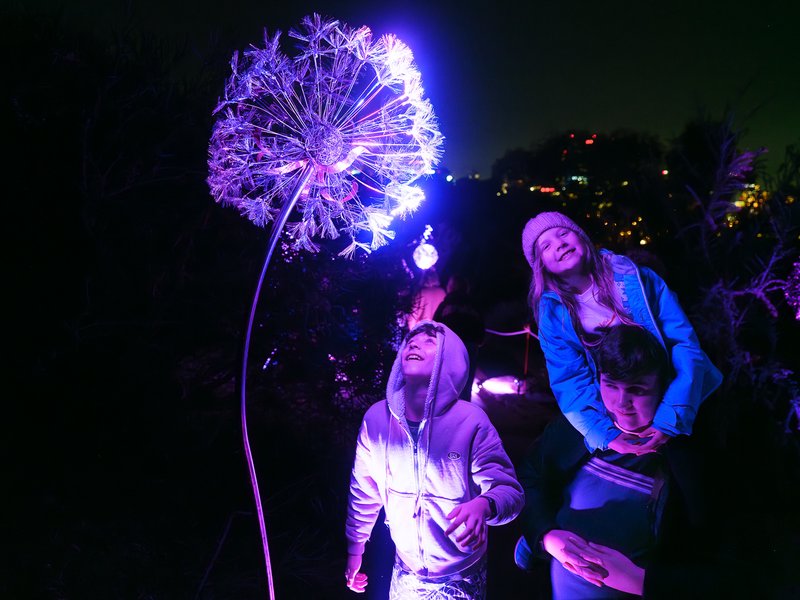 A group of children stand in front of a large dandelion flower at night.