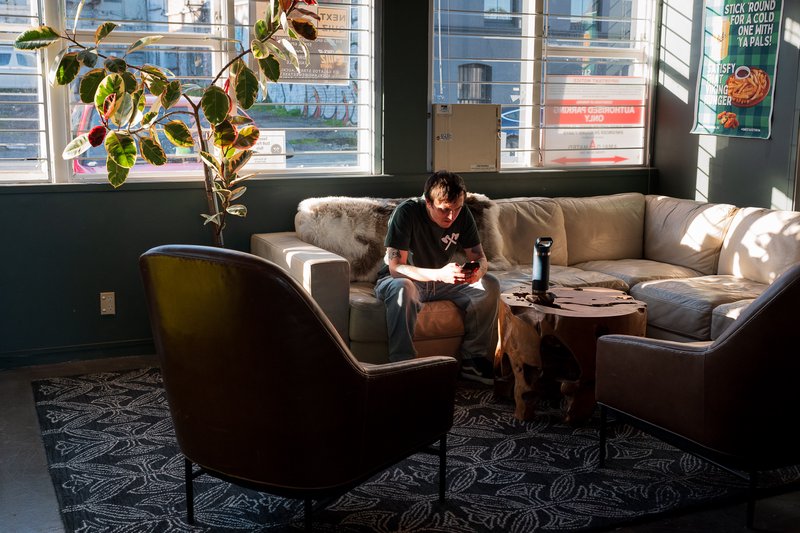 Man sits on couch, engrossed in phone, sunlight streams through windows.